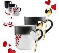 NNBWLMAEE Heat Changing Mug Heart, Heart-Shaped Color-Changing Ceramic Mug, Valentine Themed Hearts Shaped Handle Ceramic Coffee Cup, Magic Mugs Heat Changings, Romantic Gifts for Couples (Black*2)