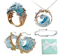 NNBWLMAEE Juego de joyas de plata de ley S925 con diseño de juramento del océano, pendientes ajustables de plata y oro, collar, anillo, pulsera, conjunto de joyas de la serie Ocean para mujeres y