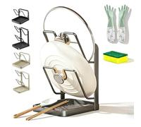 NNBWLMAEE Kitchen Pot Lid Storage Rack, 304 Stainless Steel Pot Lid Holder While Cooking, Multifunctional Kitchen Pots Cover Organizer with Removable Drip Tray, for Kitchens Accessories (Gray,Double)