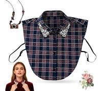 NNBWLMAEE Red Christmas Plaid Rhinestone Detachable Collar, Women Sparkling Plaid Collar, Classic Plaids Fake Collars for Women (Blue)