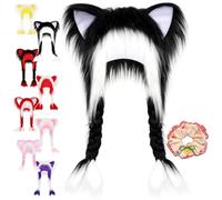 NNBWLMAEE Soft Furry Animal Ear Hat with Braids, Handmade Fursuit Fur Cat, Furry Cuteness Fur Cat Ears Hat Fluffy Ear Headwear, for Cosplay, Winter Warmth and Party Accessories (A)