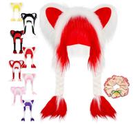 NNBWLMAEE Soft Furry Animal Ear Hat with Braids, Handmade Fursuit Fur Cat, Furry Cuteness Fur Cat Ears Hat Fluffy Ear Headwear, for Cosplay, Winter Warmth and Party Accessories (D)