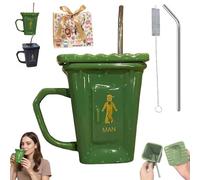 NNBWLMAEE Squatting Toilet Shape Ceramic Mug, Funny Squat Toilet Mug, 14 OZ Novelty Toilets Mugs with Lids, Humorous Bathroom Theme Desk Decor Mugs with Straw, Suitable Personalized Brewing (Green)