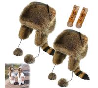 NNBWLMAEE Winter Cute Raccoon Plush Hats, Raccoon Tail Parent Child Plush Hat, Little Cute Raccoons Women's Winter Plushs Protection Hat, Faux Fur Trapper Hats with Pom Poms, Tail (M*2)