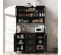 NNJN Armario alto con tablero perforado y patas de madera maciza, armario de bar con espacio de almacenamiento, armario de cocina buffet con cajones, ideal para cocina y comedor (negro)