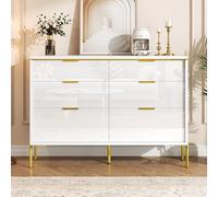NNJN Armario moderno con 6 cajones en color blanco y dorado, con frentes de alto brillo, gran espacio de almacenamiento para salón, comedor y pasillo, elegante mueble de almacenamiento para organizar