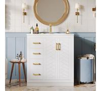 NNJN Armario para lavabo con 3 cajones y estante lateral, armario para baño con mucho espacio de almacenamiento, bisagras de cierre suave y lavabo de cerámica, 76,5 x 46,5 x 84,5 cm, color blanco