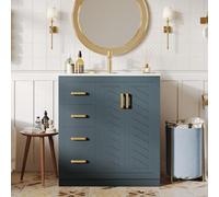 NNJN Armario para lavabo con 3 cajones y estante lateral, armario para baño con mucho espacio de almacenamiento, bisagras de cierre suave y lavabo de cerámica, 76,5 x 46,5 x 84,5 cm, color azul