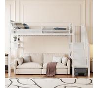 NNJN Cama alta, estantes, escalera de almacenamiento, espacio libre debajo de la cama para disfrazarse, barandilla (sin colchón) (blanco, 90 x 200 cm)