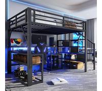 NNJN Cama alta, marco de hierro, compartimento de almacenamiento, estructuras de escaleras con espacio de almacenamiento, barandilla de seguridad, con tira de luz LED, escritorio, con conector USB