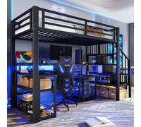 NNJN Cama alta, marco de hierro, compartimento de almacenamiento, estructuras de escaleras con espacio de almacenamiento, barandilla de seguridad, con barra de luz LED, escritorio, con conector USB
