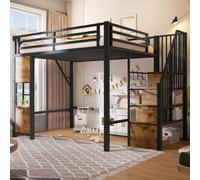 NNJN Cama alta, marco de hierro, escalera, espacio de almacenamiento abierto debajo de la cama, diseño de ventana, barandilla de seguridad, sin colchón, negro, 140 x 200 cm