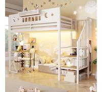 NNJN Cama alta, marco de hierro, pared perforada, varios estantes, escritorio, con puerto USB, barandilla de seguridad, con barra de luz LED, patas en forma de K, sin colchón blanco, 90 x 200 cm
