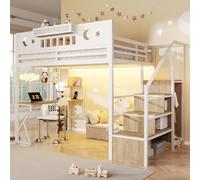 NNJN Cama alta, marco de hierro, pared perforada, varios estantes, escritorio, con puerto USB, barandilla de seguridad, con barra de luz LED, patas en forma de K, sin colchón blanco, 140 x 200 cm