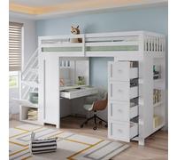 NNJN Cama alta multifuncional para niños con espacio de almacenamiento y área de aprendizaje, litera, mesa empotrada, cajones, estantes laterales, madera de pino+MDF, color blanco, 90 x 200 cm