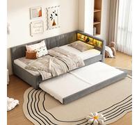 NNJN cama de día, sofá cama, almacenamiento integrado, mando a distancia para luz LED, cama extensible, somier sin colchón, lino gris 90 x 200 cm