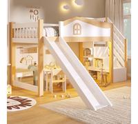 NNJN Cama de media altura, 90 x 200 cm, barandilla de seguridad, escalera de almacenamiento, tobogán, con tira de luz LED, color blanco