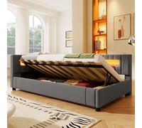 NNJN Cama diurna, sofá cama, 90 x 200 cm, barra de luz LED con mando a distancia al final de la cama, almacenamiento hidráulico, sin colchón, lino (gris)