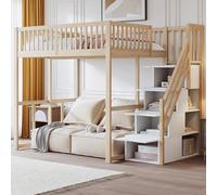 NNJN Cama entreplanta con escalera de seguridad, borde de seguridad, estructura de pino macizo, adecuada para niños, jóvenes y adultos, original (color madera 140 x 200 cm)