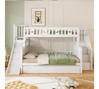 NNJN Cama infantil 90 x 200/140 x 200 cm, litera de madera maciza con tobogán y estante con niveles de seguridad, cama plegable y somier, color blanco