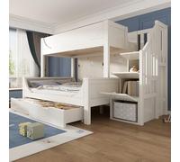 NNJN Cama infantil con armario de escalera y cajones, elegante diseño en forma de trineo, cama de madera con protección anticaídas y somier, blanco (sin colchón) (superior 90 x 200 cm, parte inferior