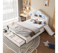 NNJN Cama infantil de 140 x 200 cm, color beige, tapizada con tobogán izquierda/derecha, iluminación LED, puerto de carga, estante para cabecero y gran cajón