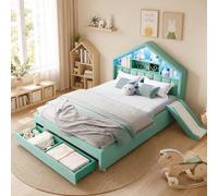NNJN Cama infantil de 140 x 200 cm en color verde azulado, cama acolchada con tobogán izquierda/derecha, iluminación LED, puerto de carga, estante para cabecero y gran cajón