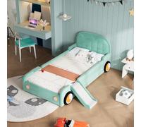 NNJN Cama infantil de 90 x 200 cm, cama para coche con tobogán y escalera, montaje a izquierda y derecha, cama acolchada suave en color verde azulado, cama de juegos con protección contra caídas para