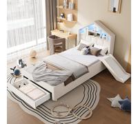 NNJN Cama infantil de 90 x 200 cm en color beige, tapizada con tobogán izquierda/derecha, iluminación LED, puerto de carga, estantería para cabecero y gran cajón