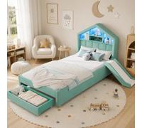 NNJN Cama infantil de 90 x 200 cm en color verde azulado, cama acolchada con tobogán izquierda/derecha, iluminación LED, puerto de carga, estante para cabecero y gran cajón