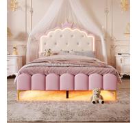 NNJN Cama tapizada con somier, luz ambiental con mando a distancia, diseño de princesa heredera, material PU, color rosa (sin colchón) (140 x 200 cm)