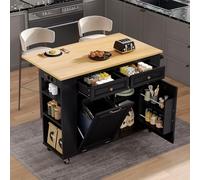 NNJN Isla de cocina con ruedas, mesa de comedor extensible, isla de cocina con compartimento para basura y toallero, carrito de servicio móvil con regletas, ideal para cocina y comedor (negro)