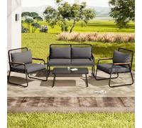 NNJN Juego de salón de jardín para 4 personas con estructura de hierro galvanizado, tapa de cristal templado, patas ajustables, incluye todos los cojines de asiento y respaldo (negro)