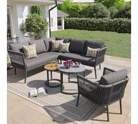 NNJN Juego de salón de jardín para 5 - 6 personas, gran juego de sofá de exterior, 6 piezas de ratán sintético con banco impermeable y juego de cojines, sofá esquinero modular para terraza, balcón