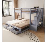 NNJN Litera 90 x 200 cm, cama nido 90/180 x 190 cm, con escalera de almacenamiento con varios cajones, función de cama nido, cama juvenil, somier, cama de madera (gris)