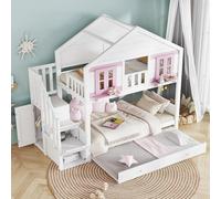 NNJN Litera con cama plegable, cama infantil, zona para colgar ropa, con bonitas ventanas y techo, somier de láminas estable, pino + MDF, madera contrachapada, blanco y rosa, 90 x 200 cm