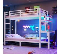 NNJN Litera, marco de hierro, compartimento de almacenamiento, escritorio, con barra de luz LED, conector USB, barandilla de seguridad, escalera, sin colchón (blanco 90 x 200 cm)