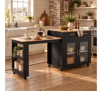 NNJN Moderna isla de cocina, armario de cocina, armario de buffet, mesa alta extensible con espacio de almacenamiento, con enchufe y conexiones USB A/C, mesa extensible para 2-4 personas, color negro