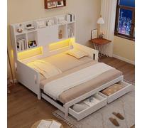 NNJN Sofá cama extensible multifuncional de madera con cajones, estantes, armarios y compartimentos abiertos, equipado con enchufes e iluminación LED, cama de invitados (blanco 90 x 190 cm)