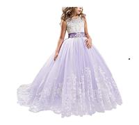 NNJXD Niñas Bordado De Encaje Flor De La Boda Fiesta De Cumpleaños Princesa Vestido de Cola Larga Tamaño (150) 10-11 años 406 Púrpura-A