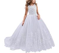 NNJXD Niñas Encaje Tul Bordado Princesa Baile de graduación Vestido Formal Fiesta Vestidos de Cola Larga 406 Blanco Tamaño (140) 8-9 años