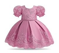 NNJXD Vestido de Fiesta de Encaje para niña bebé Bautismo Bowknot Vestido de Novia con tutú para niños pequeños 2021 Rosa empolvado Tamaño (90) 12-24 Meses