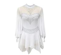 Nnnydjy Vestido Clásico De Patinaje sobre Hielo con Cristales Falda De Patinaje Artístico Manga Larga con Ganchos para Niñas Ropa De Gimnasia Maillots De Ballet para Niñas Pequeñas,Blanca,XXXL