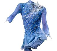 Nnnydjy Vestido De Competición De Patinaje Artístico Trajes Profesionales De Patinaje sobre Hielo Maillots De Danza Artística para Mujer Diseño De Manga Larga con Cierre De Gancho,Azul,12_15Years
