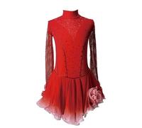 Nnnydjy Vestido De Patinaje sobre Hielo con Cristales Traje De Patinaje Artístico Hecho A Mano Ropa De Competición De Gimnasia para Niñas Maillots De Ballet para Niñas Pequeñas,Rojo,M