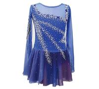 Nnnydjy Vestido para Patinaje Artístico Femenino Traje De Competición para Patinaje sobre Hielo para Niñas Maillot De Gimnasia Artística De Manga Larga Cuello Redondo Clásico,Azul,S