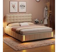 NNXHWY Cama almacenaje 140 x 200 cm, Cama Matrimonio con Respaldo Suave, Camas tapizada 140x200 cm Almacenamiento hidráulico, Camas casal Camas Acolchada, luz Nocturna, Terciopelo,Beige (140 cm)