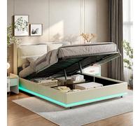 NNXHWY Cama Caja con LED, 140 x 200 cm, Camas matrimoniales, Cama tapizada con canapé, Cama hidráulica, Respaldo con Cremallera, Puerto de Carga USB (Beige, 140 x 200 cm)