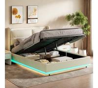 NNXHWY Cama Doble 160x200 cm,Camas de Maletero, Cama Tapizada con Canapé, Camass Contenedor, Camas Matrimoniales con LED y USB, Hidráulica Contenedor, Respaldo con Cremallera (Beige, 160 cm)
