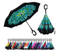 NNY Inc Paraguas invertido de doble capa para coches, paraguas plegables con apertura inversa, resistente al viento, protección UV, gran soporte invertido, paraguas recto para golf, mujeres y hombres
